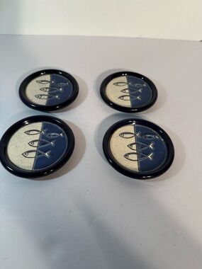 Vtg Art Blue White Fish Sardines Pottery Vega By Artesa Signed Coaster Set Of 4